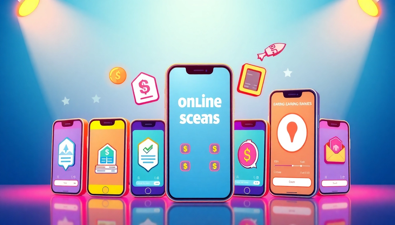 Showcase of online earning apps with colorful app icons on smartphones, depicting ways to earn money.