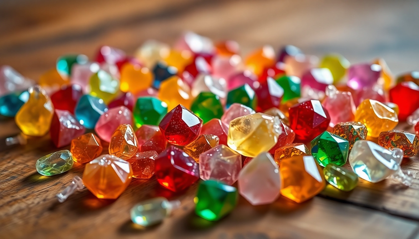 Savor the vibrant crystal candy artfully displayed, showcasing dazzling colors and textures that entice the viewer.