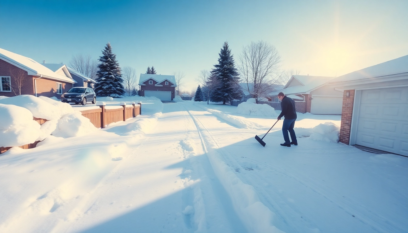 Snow removal in action as a person shovels snow from a driveway on a sunny winter day.