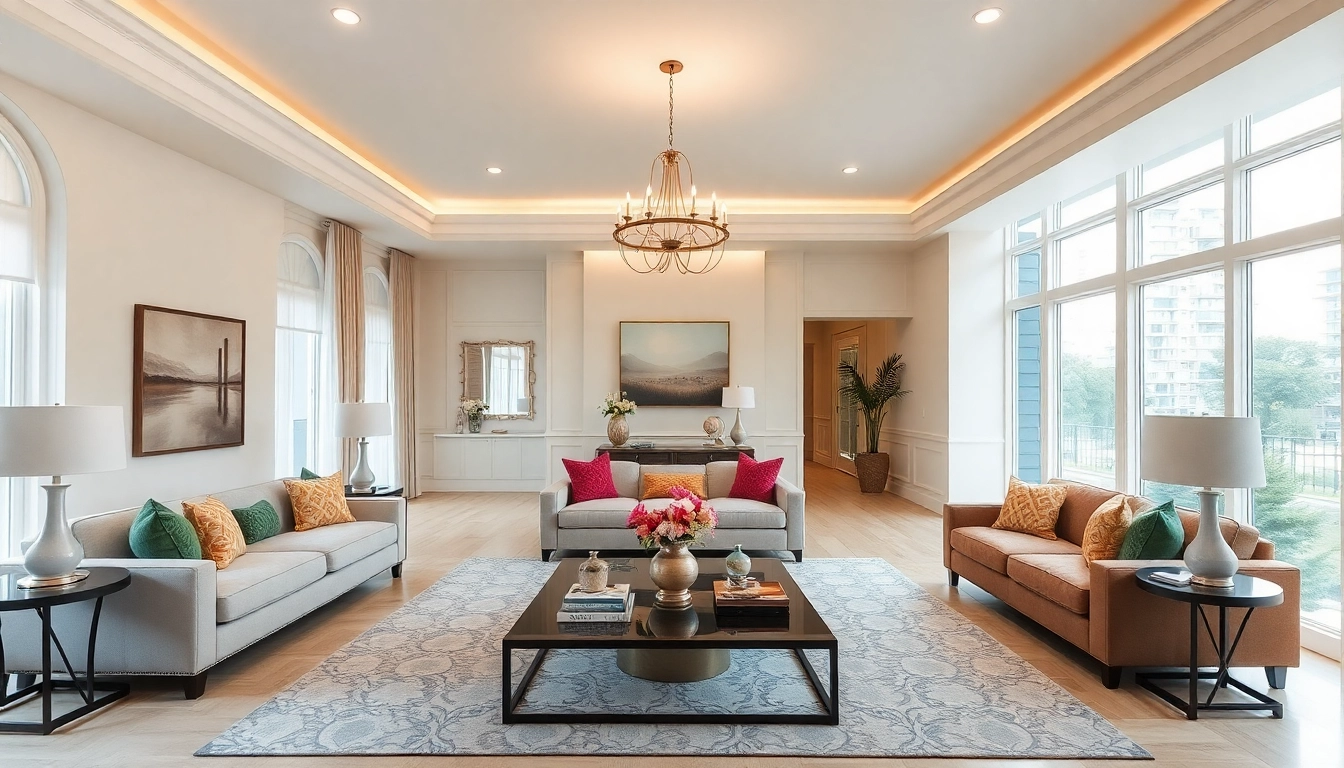 Transforming the entire interior of a living room with modern decor and warm lighting.