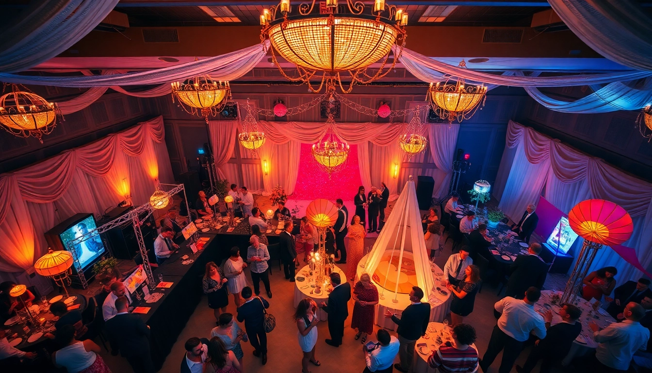 Guests enjoying a unique event in an elegantly decorated venue, featuring vibrant colors and joyful atmosphere.