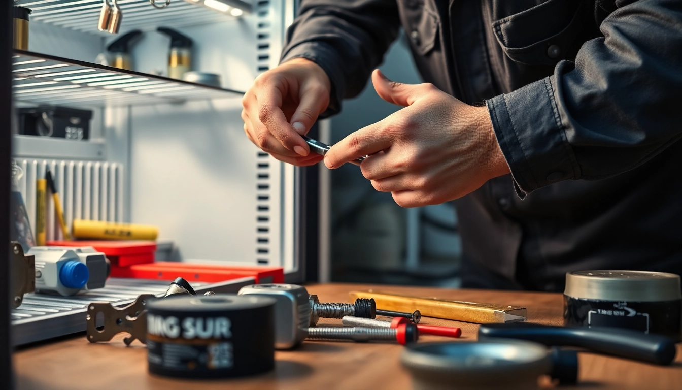 Technician performing beverage cooler repair, showcasing detailed tools and components.