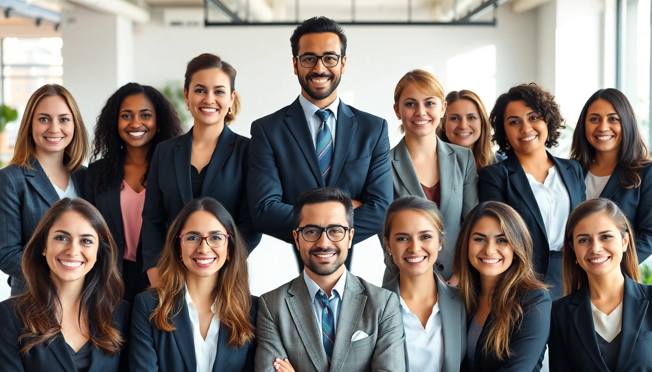 Professional team posing for company headshots in a well-lit urban office setting.