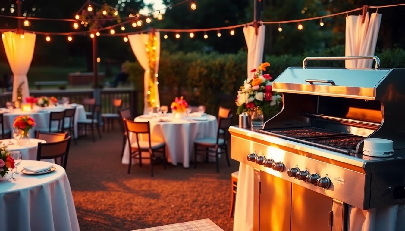 Hochzeit Grill Catering für Berlin showcasing an elegant outdoor grill setup with floral decor.