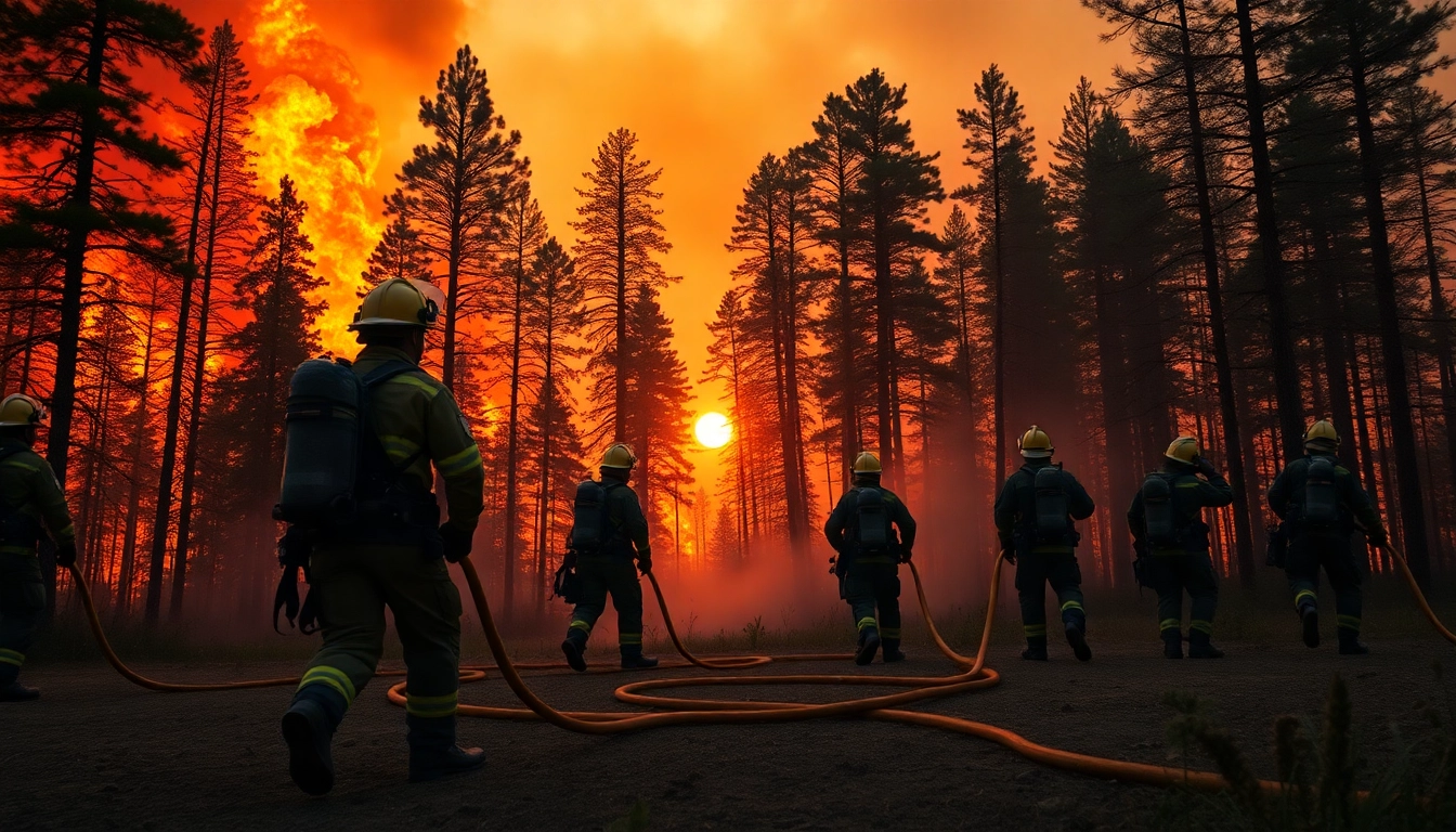Firefighters combating wildfire events in a dramatic forest scene, showcasing their heroic efforts.