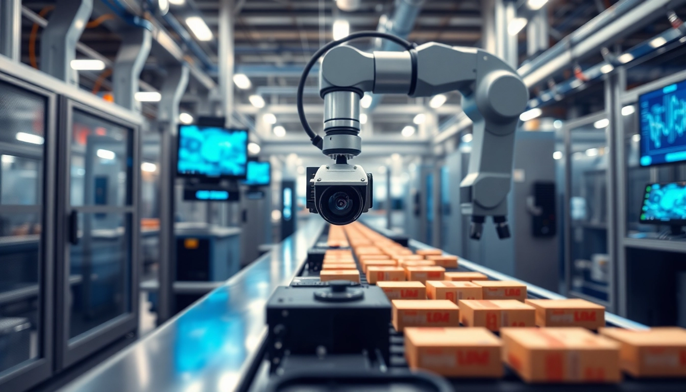 Machine vision system analyzing products on a conveyor belt in an industrial setting.