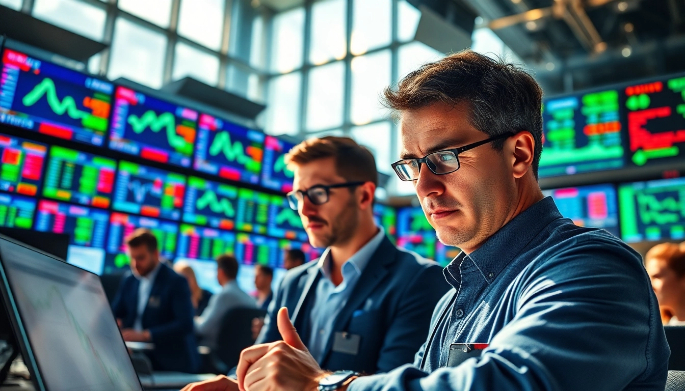 Analyze trade futures in a dynamic trading office with brokers engaged in market analysis.