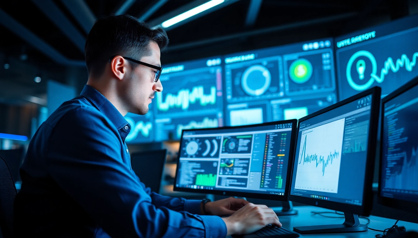 A professional enhancing cybersecurity training skills using advanced technology in a modern office.