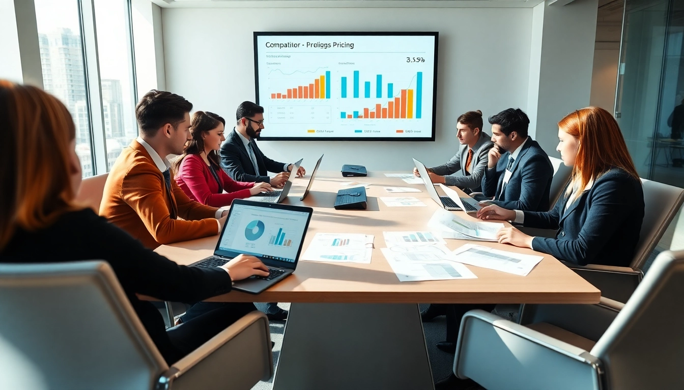 Engaging professionals conducting competitor pricing research in a modern meeting room.