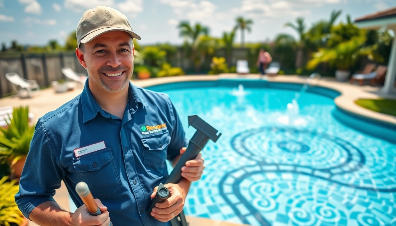 Pool renovation company expert showcasing a beautifully renovated pool with vibrant landscaping.