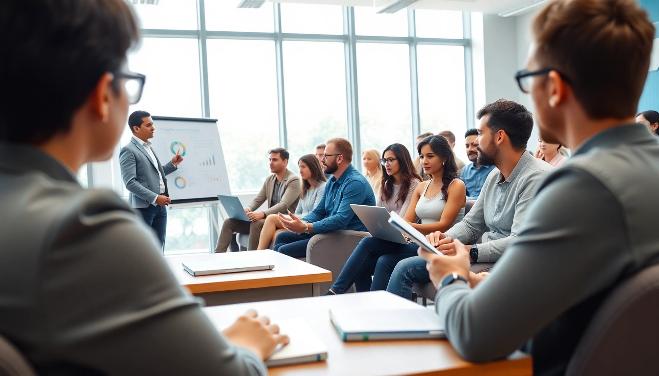 Engaged adult learners in project management courses within a bright classroom setting.
