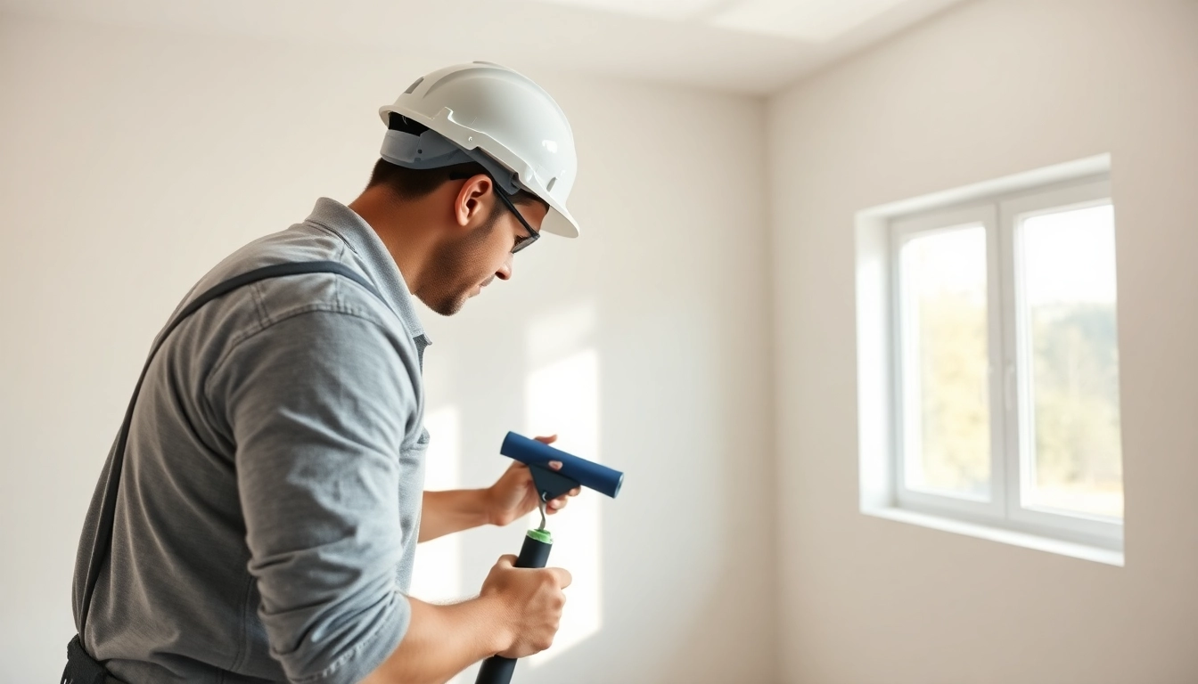 Drywall painting in a modern home with a contractor using precision techniques and tools.