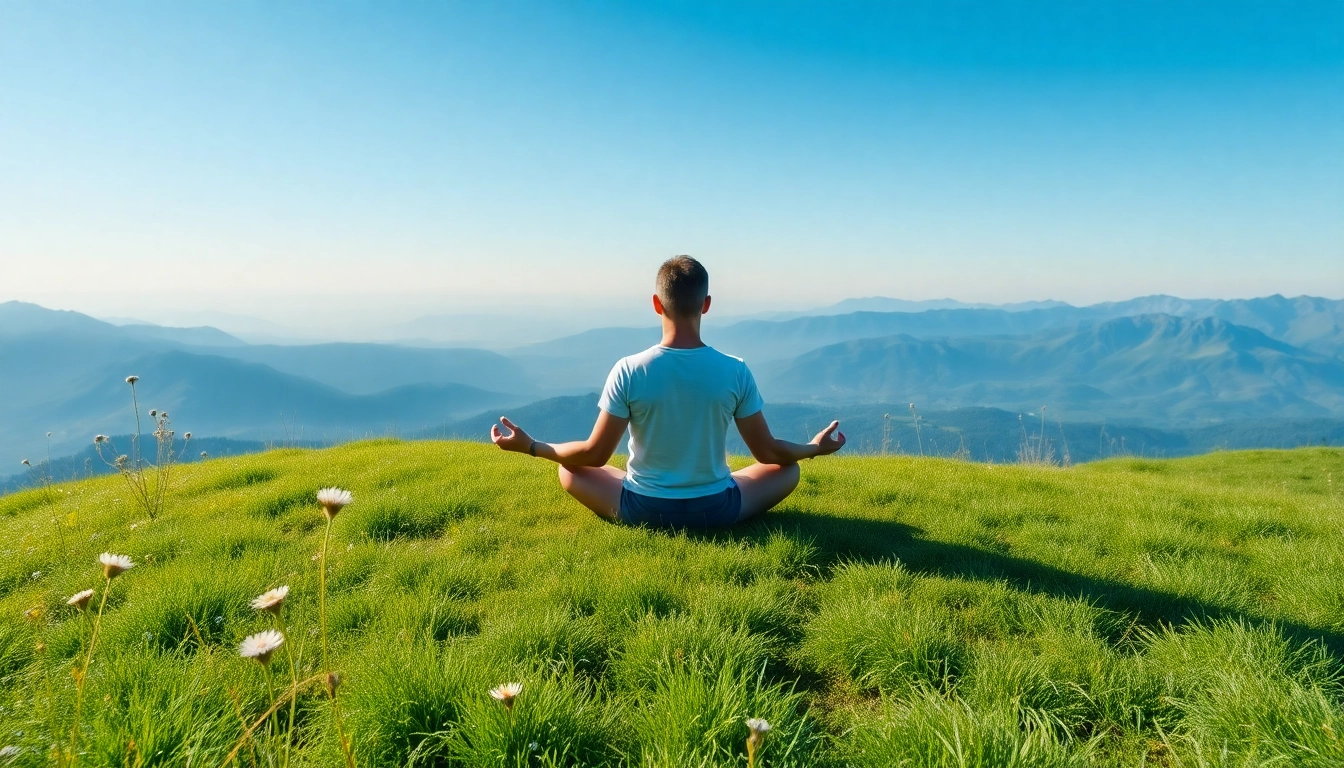 Meditating individual dealing with anxiety, surrounded by peaceful nature at sunset.