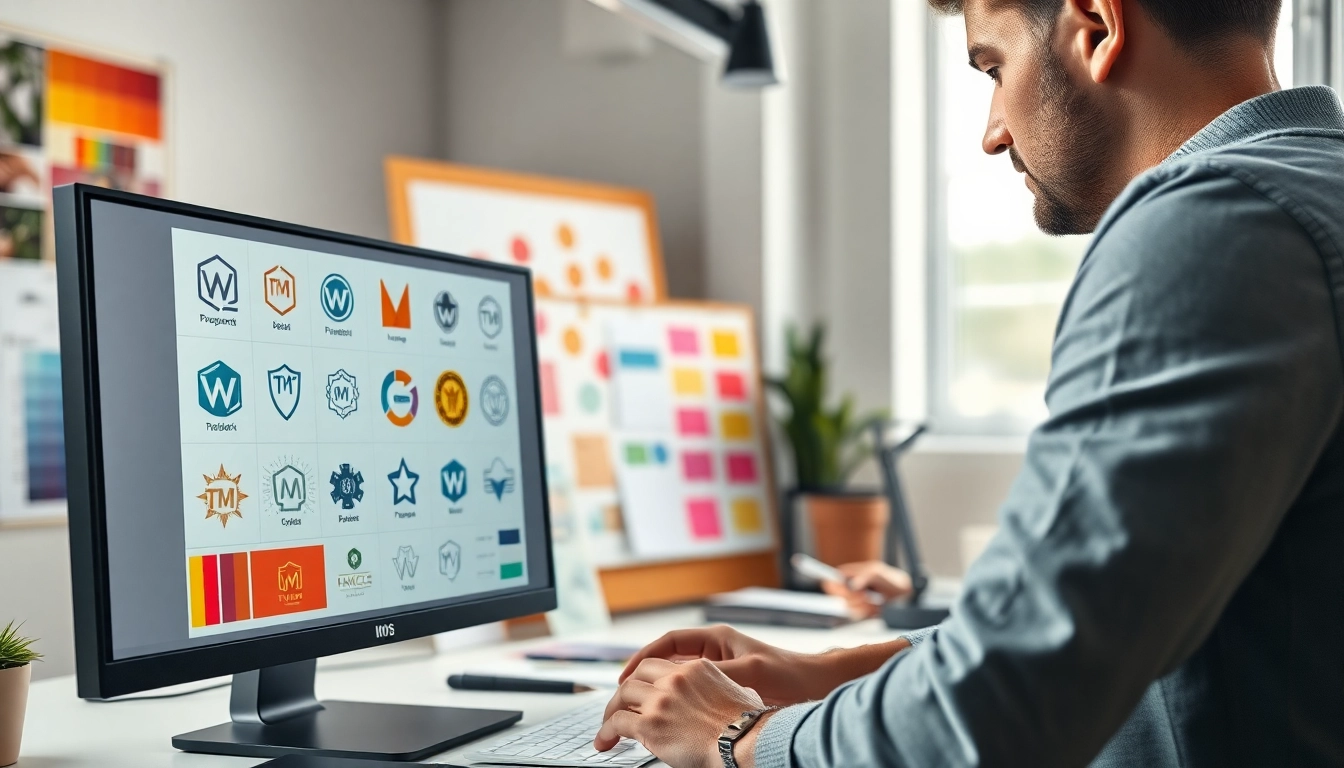 Designing a trademark logo with vibrant colors and creative elements in a professional studio.
