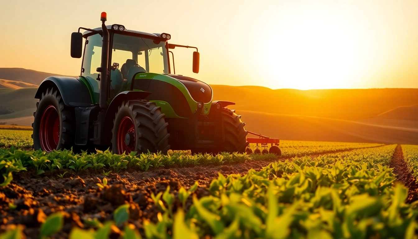 Fendt Traktor beim Pflügen eines grünen Feldes mit dramatischem Sonnenuntergang.