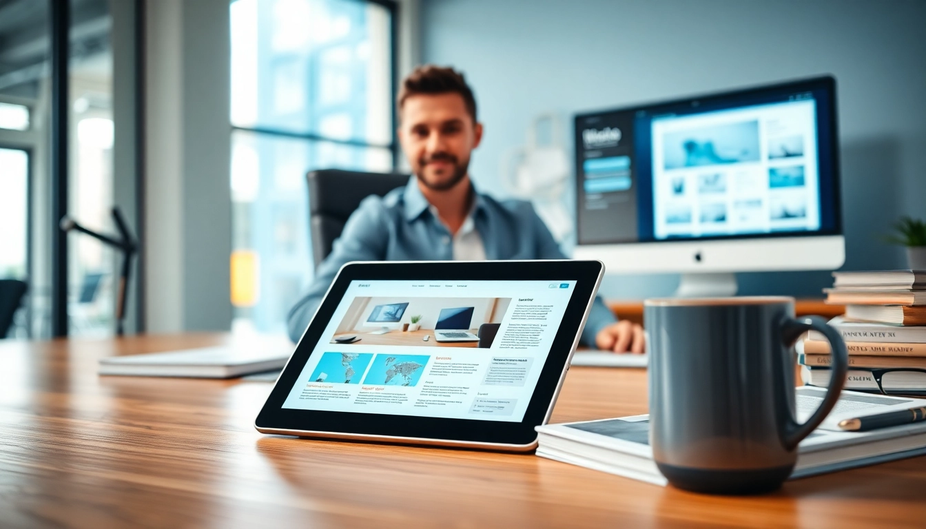 Create an impactful website design featuring a professional workspace with design tools and vibrant mockups.