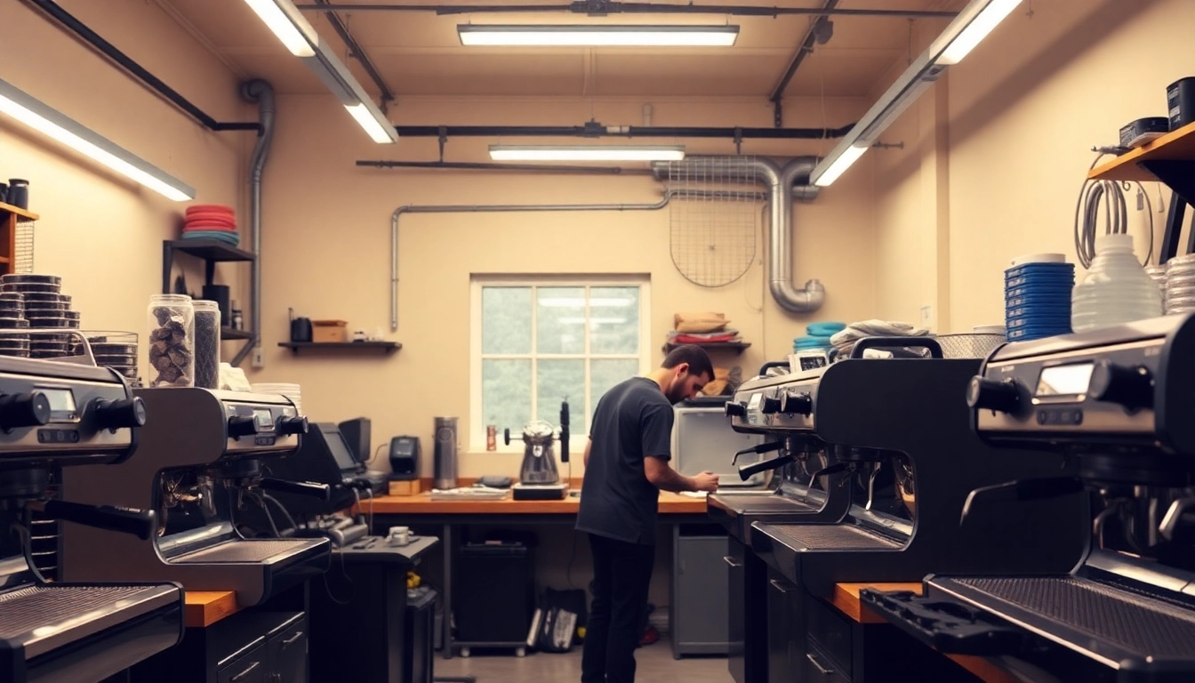Cimbali service technique in action as a technician repairs an espresso machine in a well-equipped workshop.