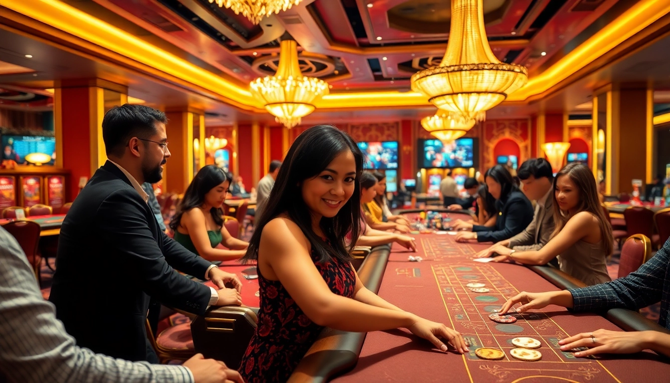 Experience the excitement at TPower casino with friendly players enjoying live games under luxurious lighting.