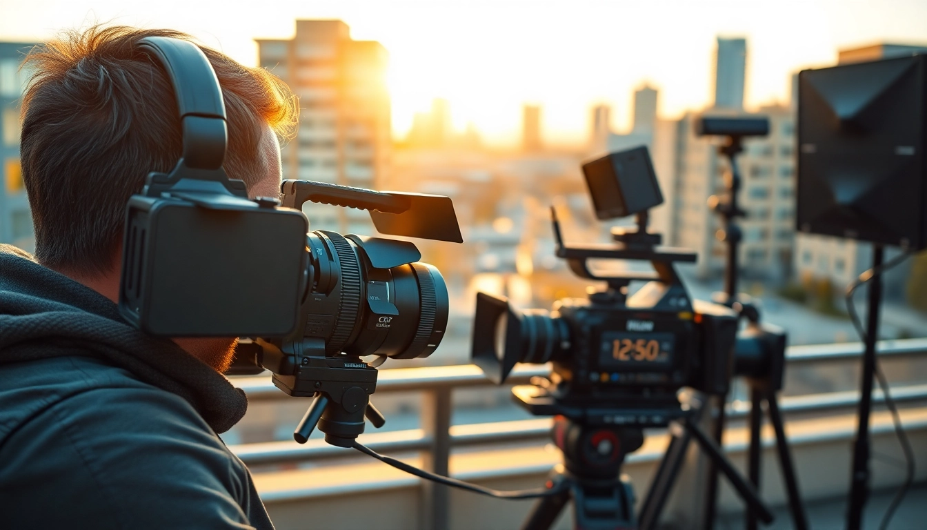 Videographer engaged in video production edmonton capturing scenes in an urban cityscape.