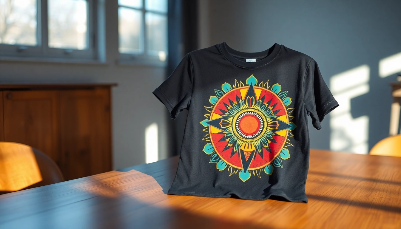 Showcasing a stylish Graphic T-shirt with vibrant geometric patterns on a wooden table.