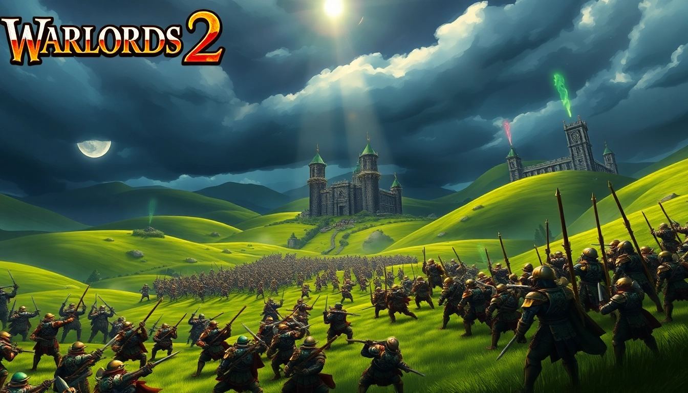 Engage in epic battles in Warlords 2 with armies clashing on a dramatic fantasy landscape.