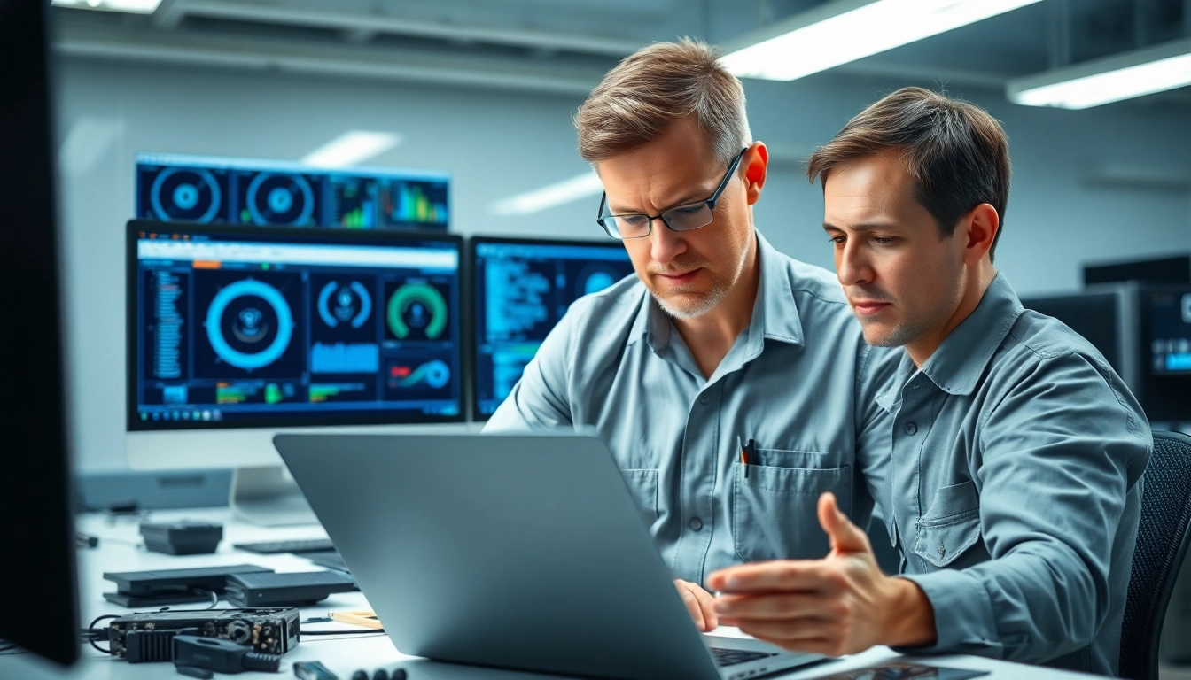Providing reliable computer service with a technician repairing a laptop in a modern office.