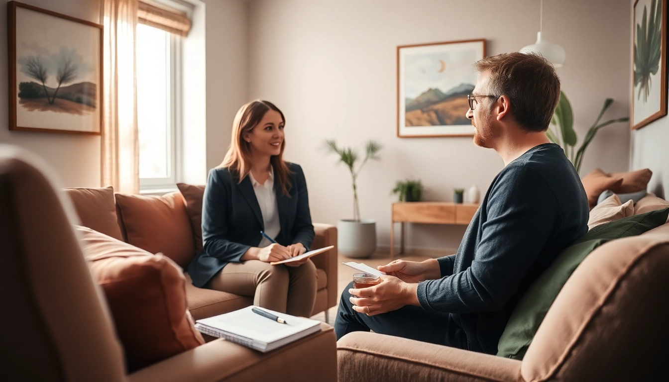 Attachment theory coach guiding a client in a warm and inviting therapy room.