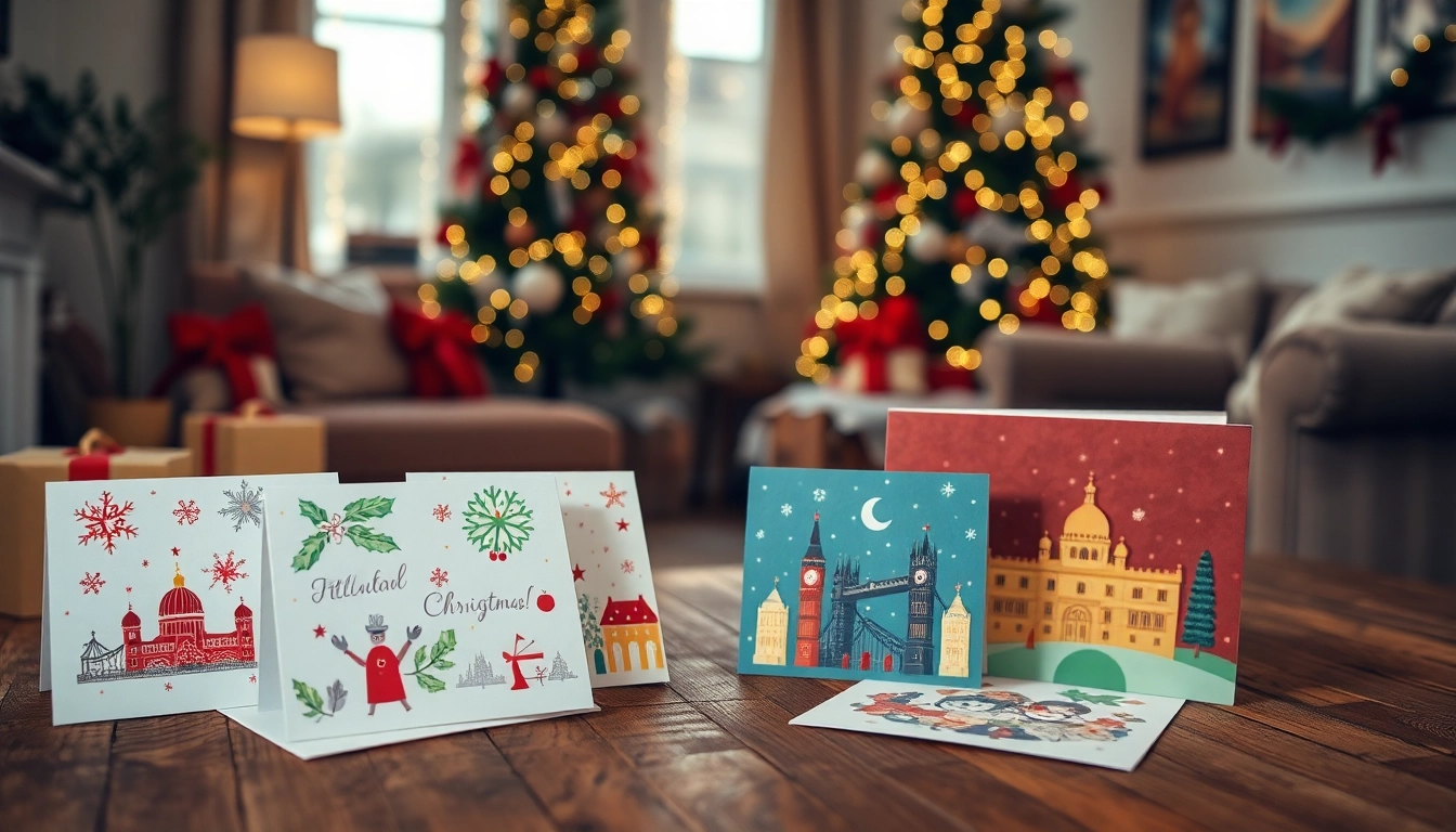 Browse local Christmas cards London showcasing festive designs on a rustic table.