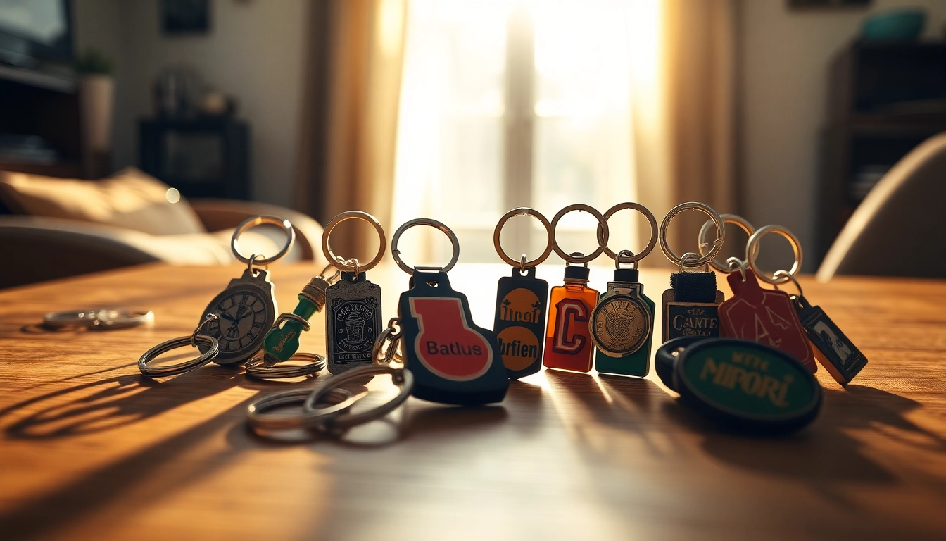 Showcase of personalized keychains with unique designs on a stylish wooden table.