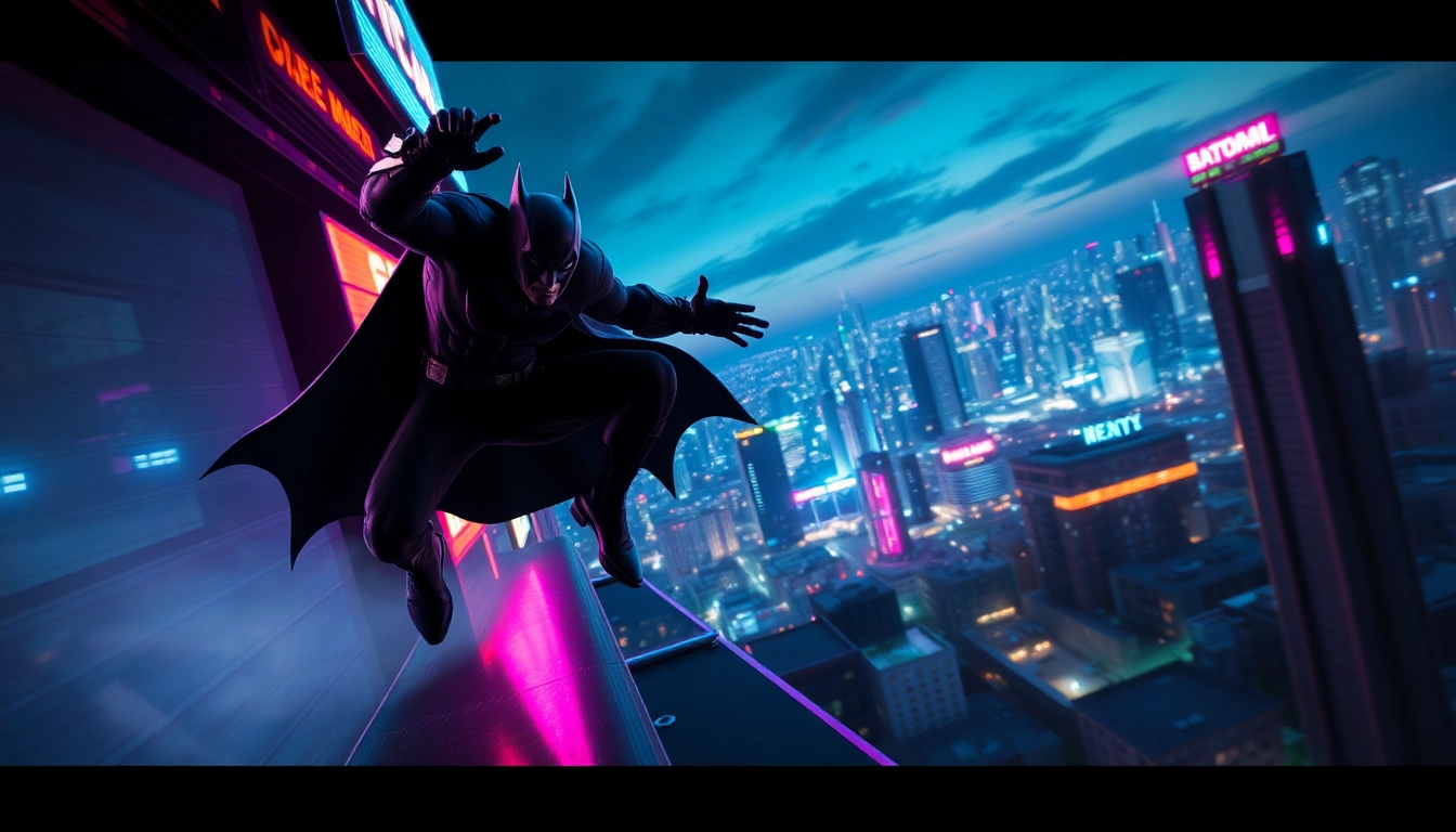 Permainan game batman138 dalam aksi mendebarkan di pemandangan kota malam.