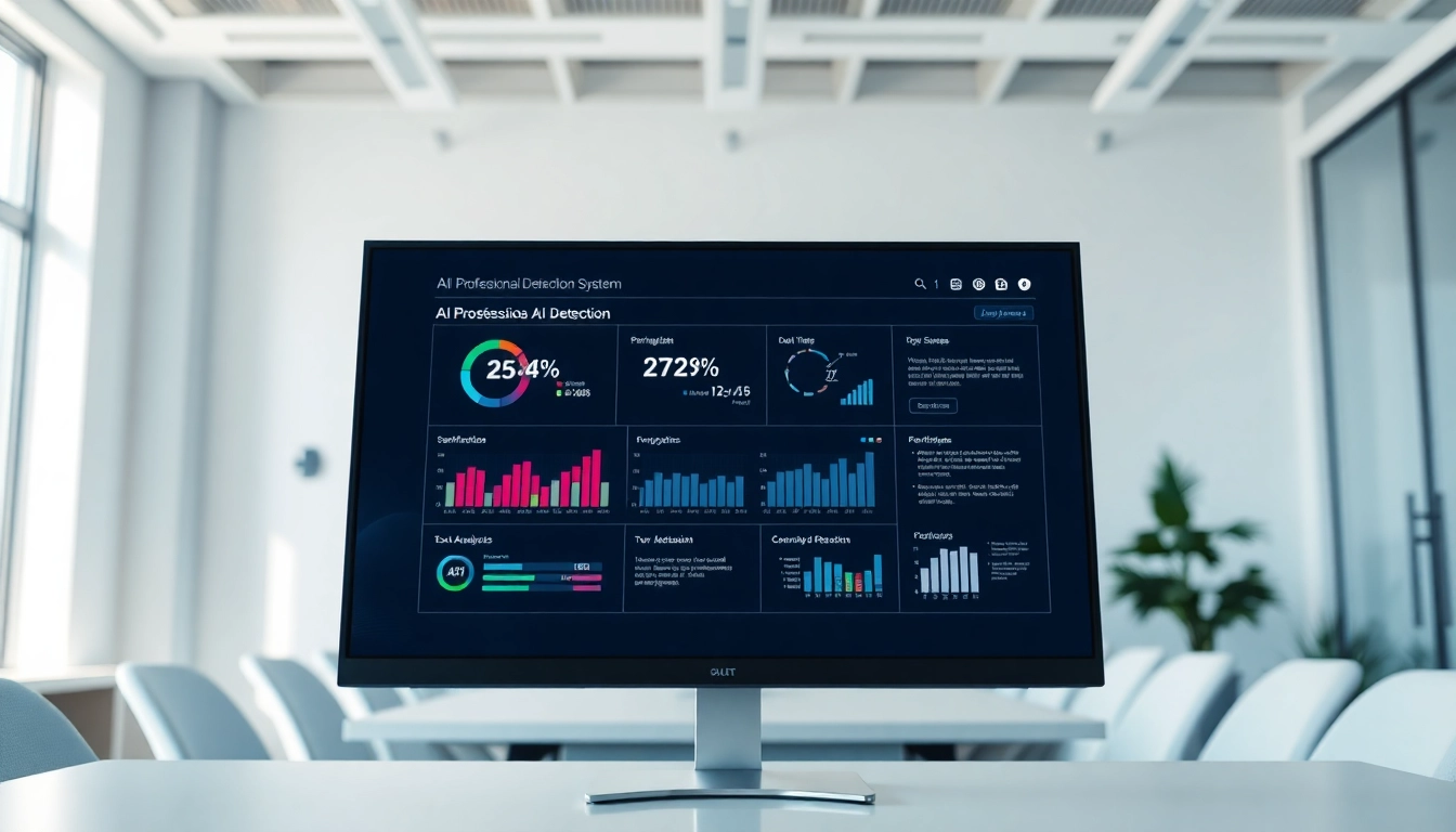 Analyze text accuracy with an AI detection tool interface in a modern office setting.