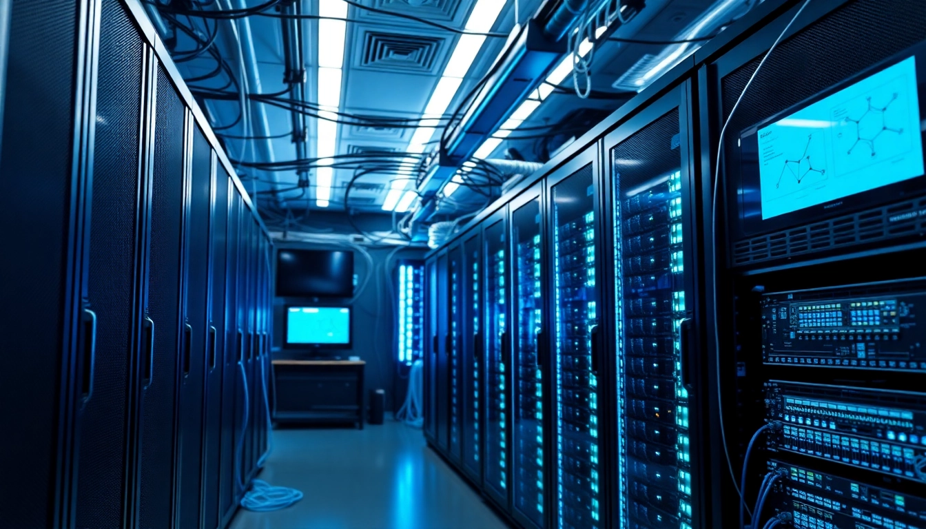 Visual representation of network infrastructure with advanced servers and technologies organized in a server room.