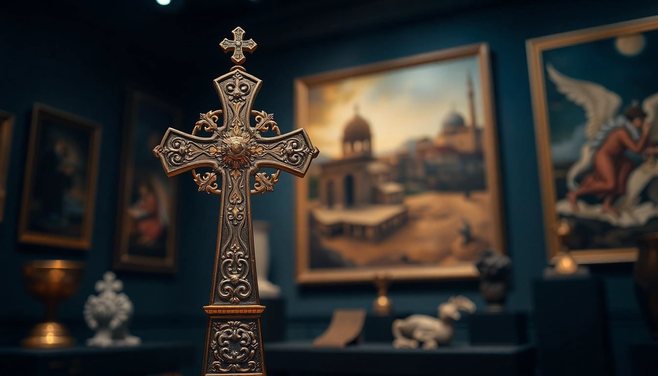 Admiring the beautifully crafted Jerusalem crosses displayed in a serene gallery atmosphere.