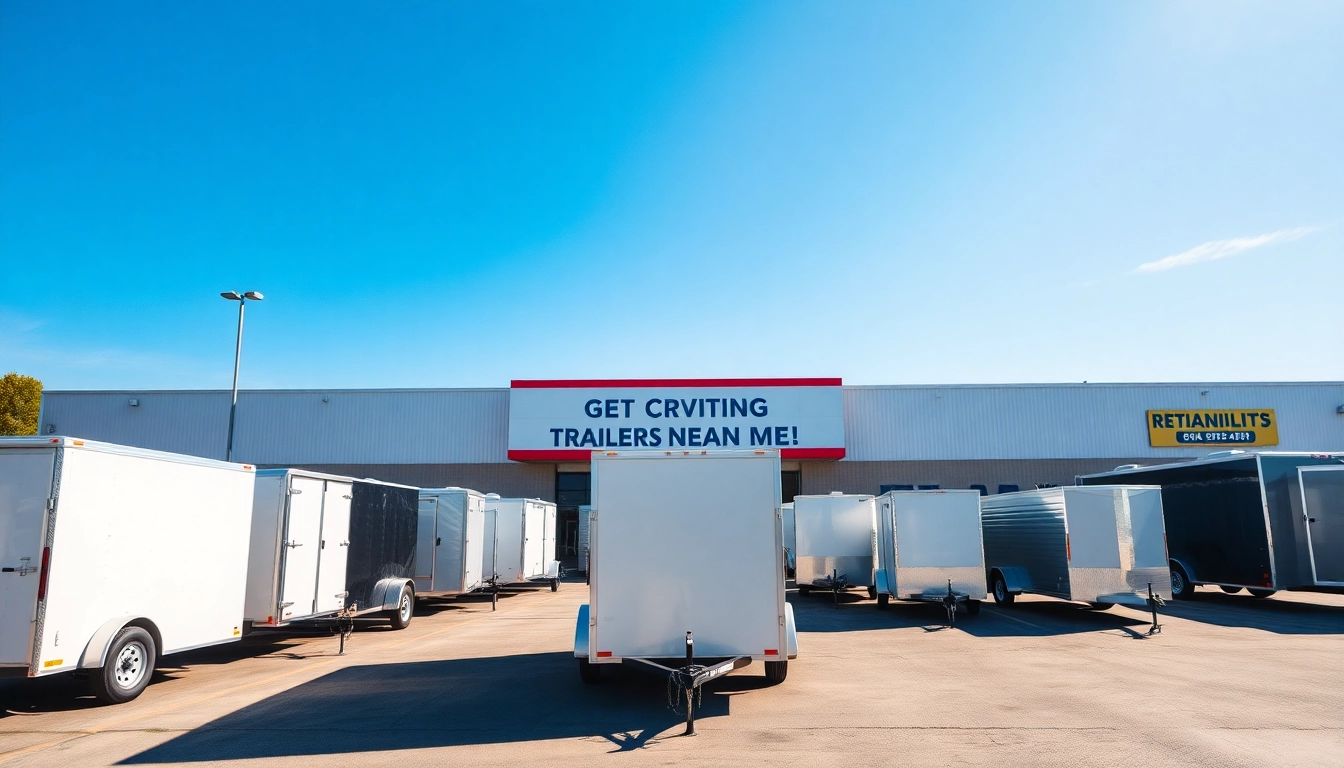 Explore a vibrant display of trailers near me, showcasing various types in a professional dealership.