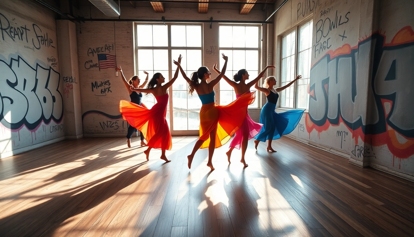Showcasing FP movement, professional dancers perform synchronized choreography in an urban studio.