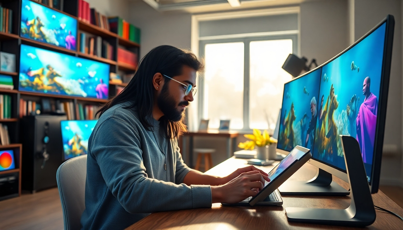 Crafting unique KlingAI Prompts in a vibrant digital studio with bright lighting.