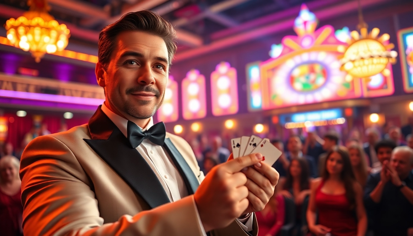 Experience matinee vegas with a magician captivating the audience in a vibrant Las Vegas theater.