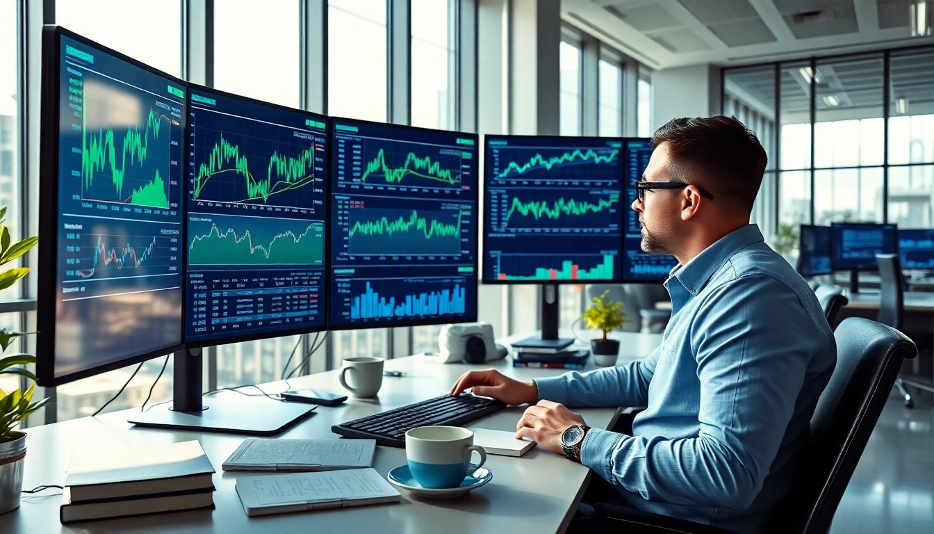 Understand crypto trading strategies through a dynamic office setting where a trader analyzes market data.