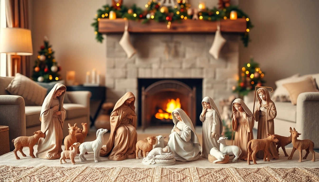 Beautiful Nativity sets arranged in a cozy living room, evoking holiday warmth.