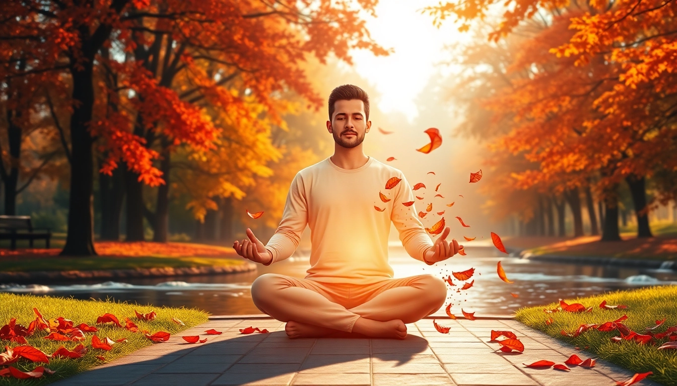 Person controlling Anger through meditation in a serene autumn park setting.