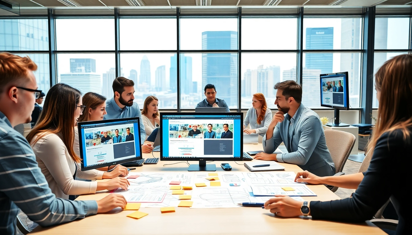 Kansas City website development team collaborating in a modern office environment with screens and sketches.