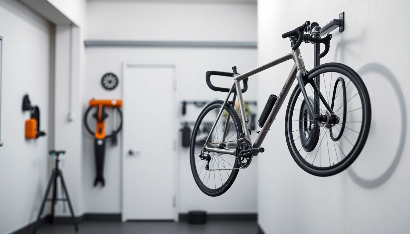 Bicycle wall hanger showcasing a sleek design in a minimalistic garage setting.