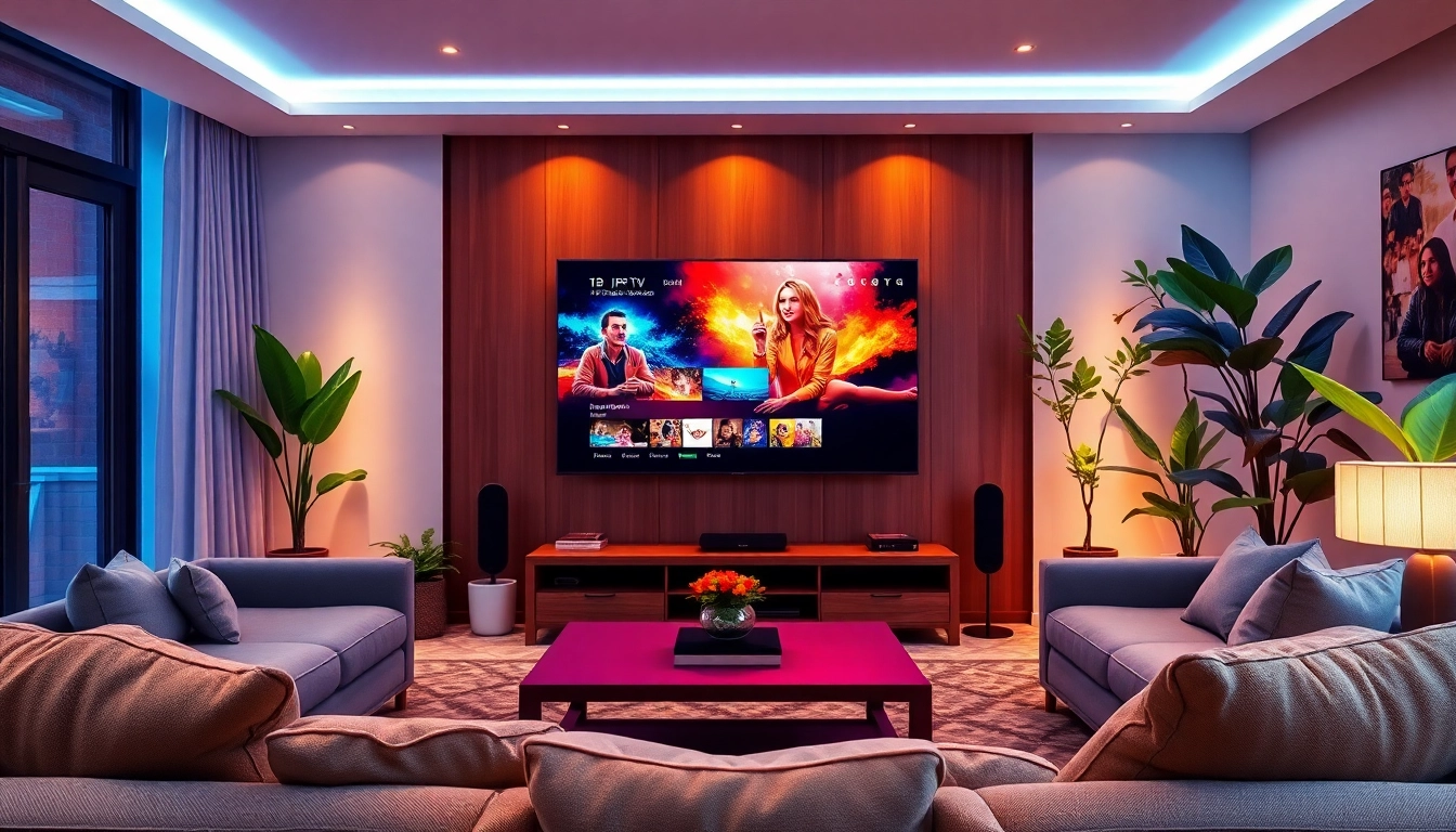 Comprar IPTV en una configuración moderna de entretenimiento que muestra un televisor de alta definición.