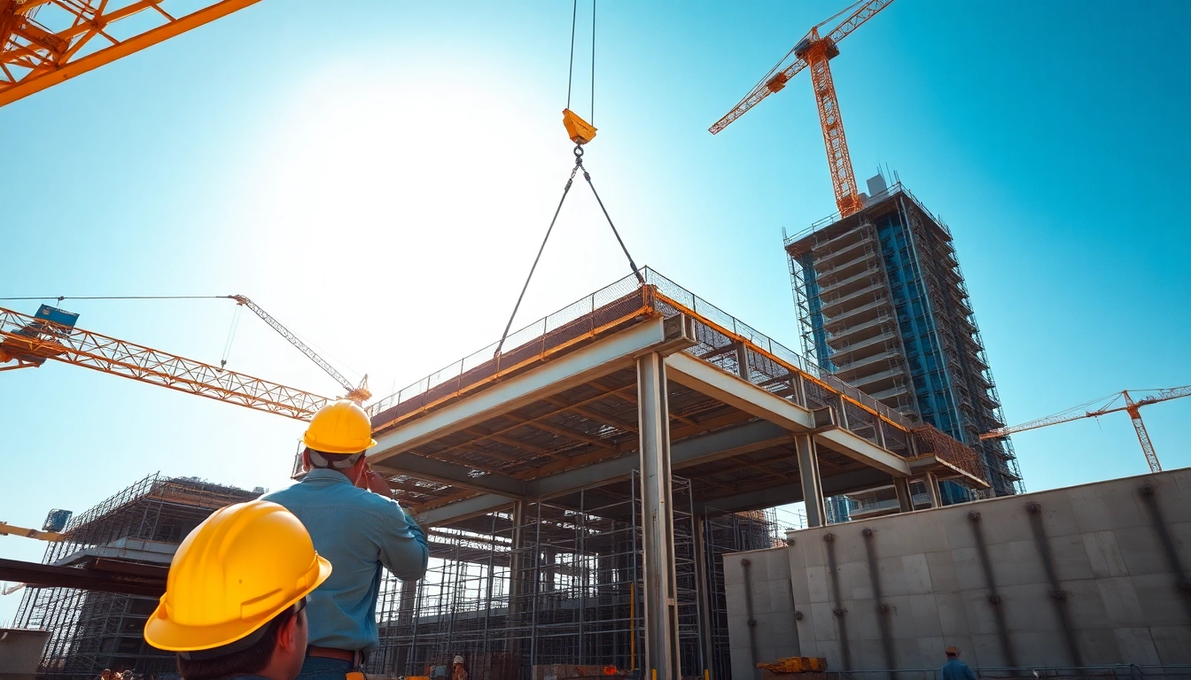 Workers engaged in structural steel construction at a bustling site showcasing steel beams.