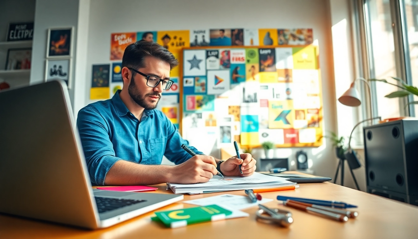 Innovative advertisement design concepts being created at a professional workspace.